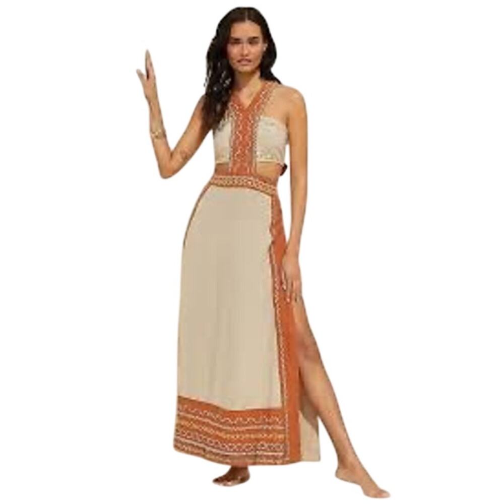Anthropologie Celandine Linen Embroidered Halter Dress Size XL
